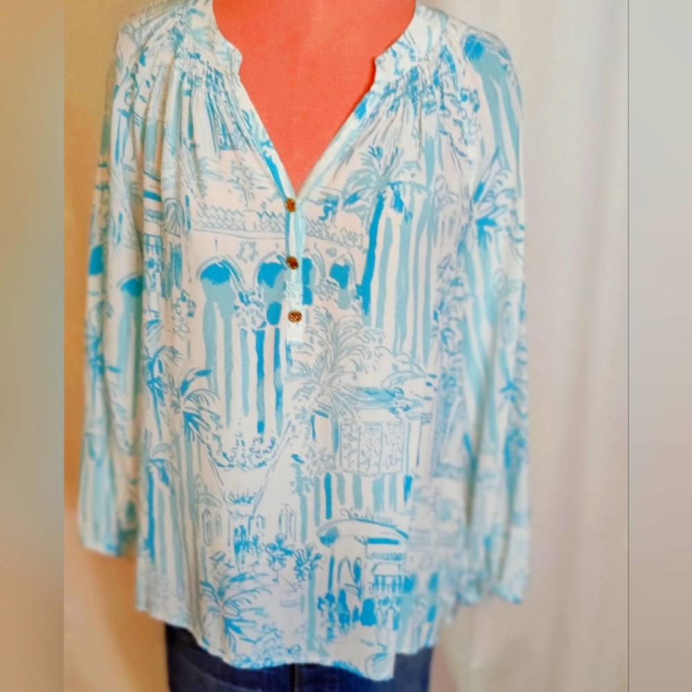 Lily Pulitzer smocked 100% Silk  resort Tunic Logo buttons Longline SM